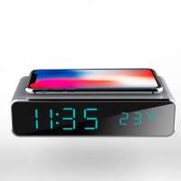 custom logo Portable QI  Led Digital Alarm Clock Fast Charging Temperature Display square Wireless Charger